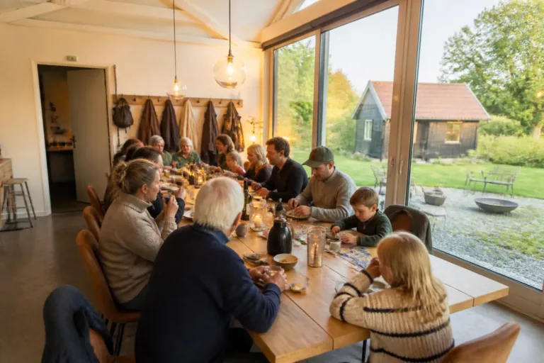 lange houten eettafel in een landelijke groepsaccommodatie, gedekt voor een besloten familiegroep met zicht op privé tuin