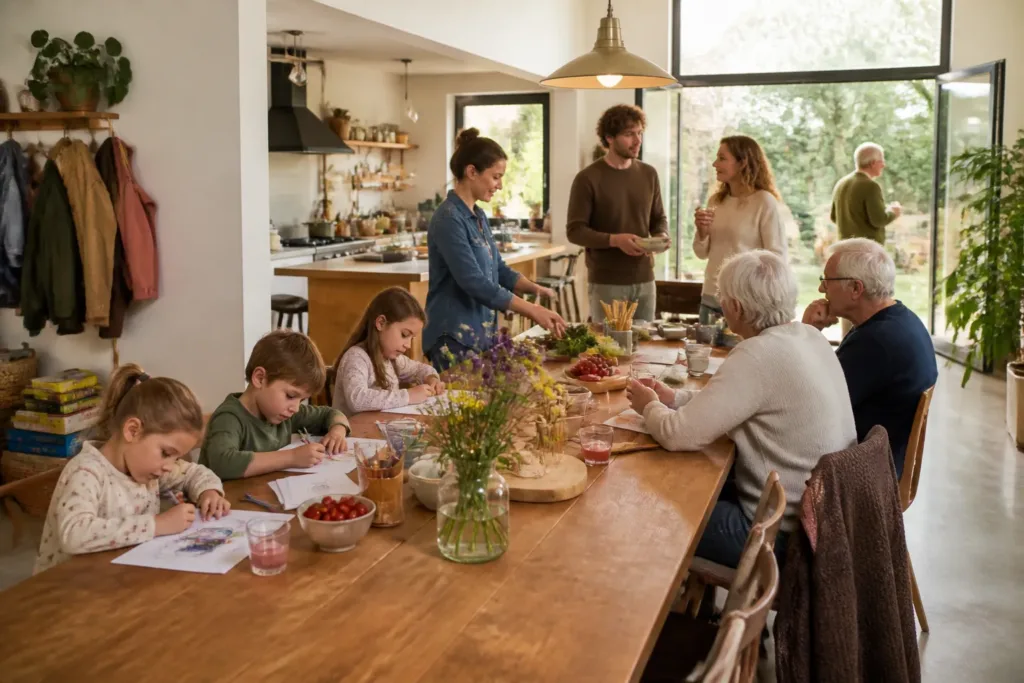 drie generaties rond een lange houten eettafel in een ruime leefkeuken met zicht op de tuin