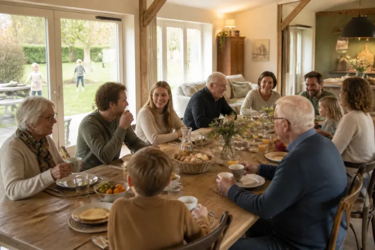 familie van meerdere generaties rond een lange houten eettafel met zicht op privé tuin