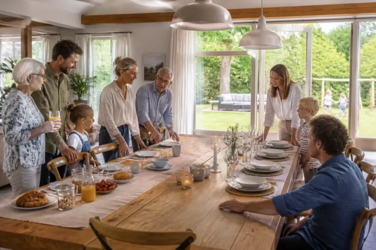 lange houten eettafel met familieleden in gesprek terwijl buiten de privé tuin en tweede zithoek zichtbaar zijn