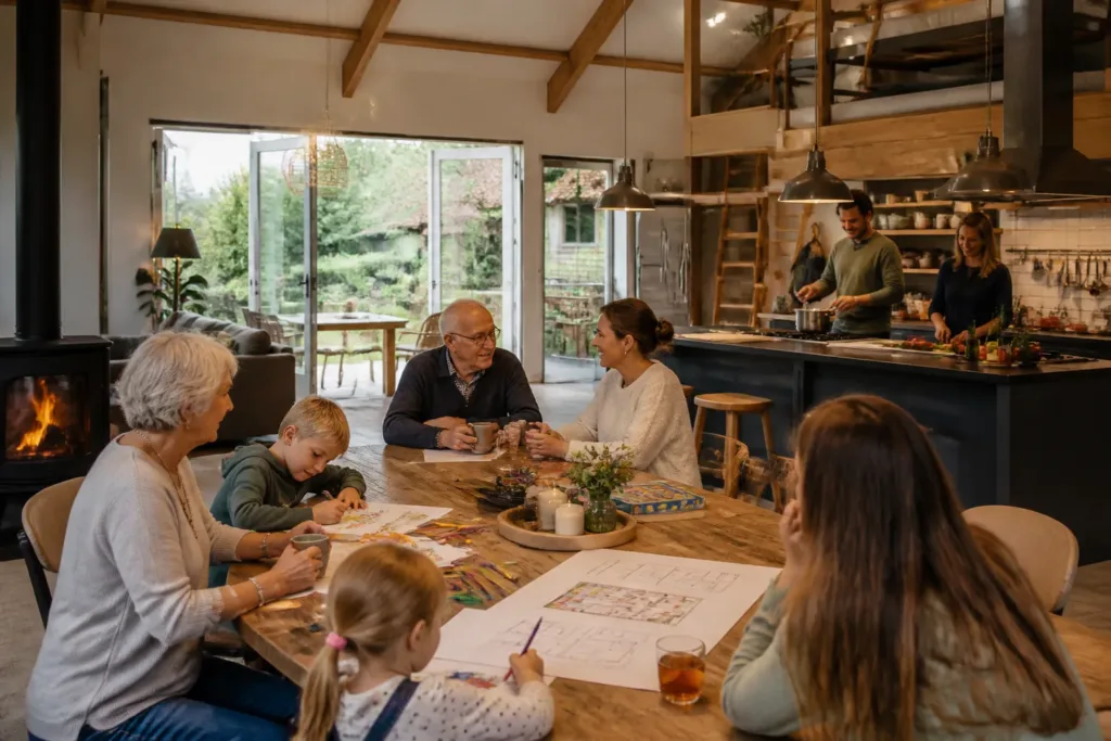 grote familie aan een lange tafel in ruim vakantiehuis met open keuken en zicht op groen erf