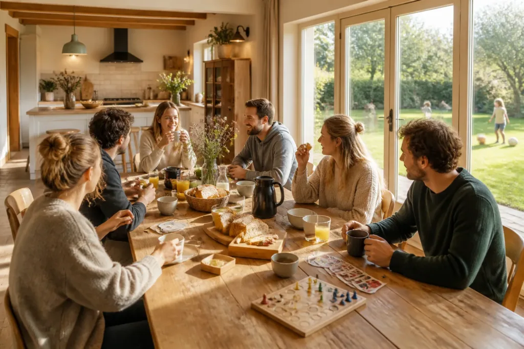 lange houten eettafel met etende vriendengroep in lichte groepsaccommodatie en zicht op privétuin