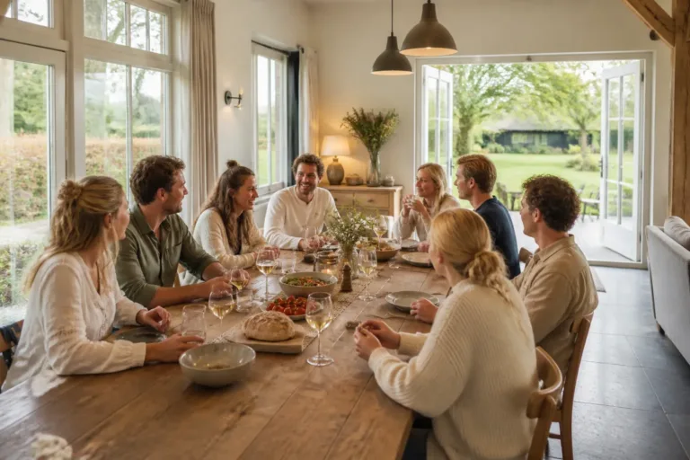 lange houten eettafel met etende groep volwassenen in lichte groepsaccommodatie met zicht op privé tuin