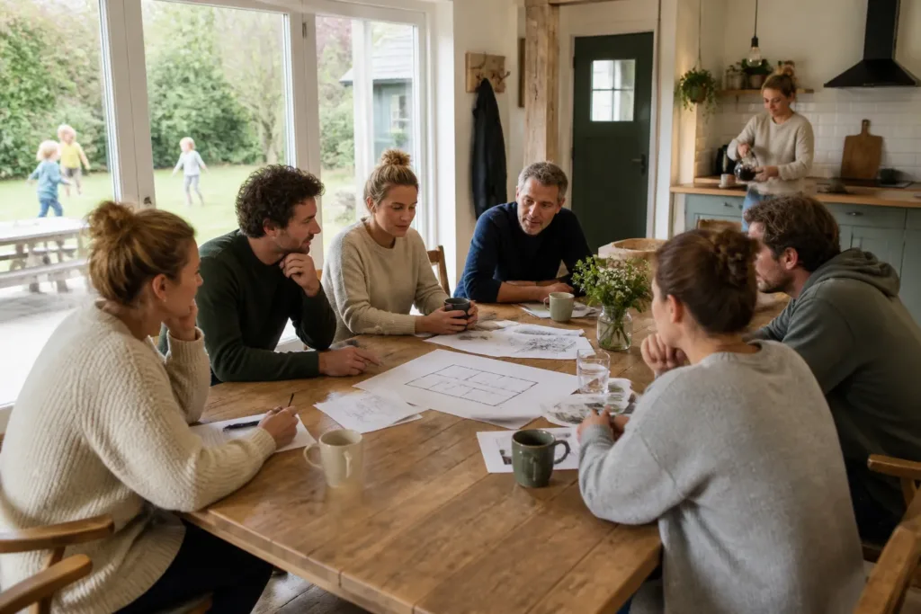 mensen rond een lange houten eettafel in lichte groepsaccommodatie met zicht op privé tuin