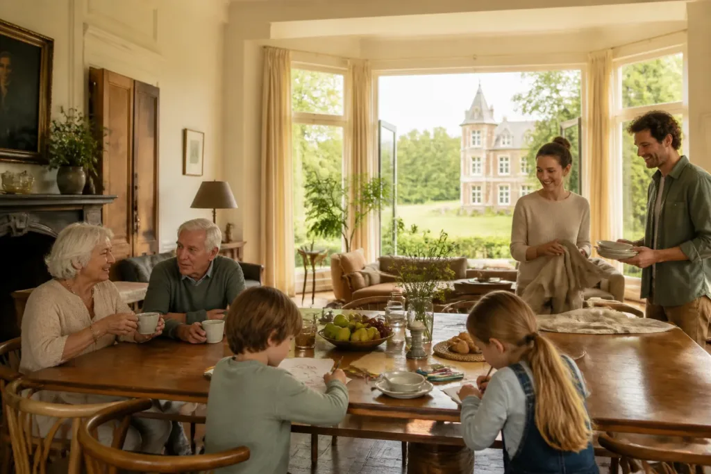 drie generaties aan een lange houten tafel in een ruim familievakantiehuis met uitzicht op groene omgeving