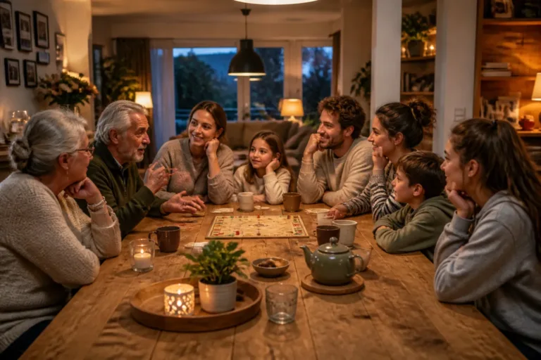 drie generaties rond een lange houten eettafel in een ruime woonkamer met warme avondverlichting