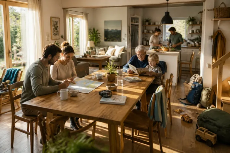 drie generaties rond een lange houten eettafel in een ruime woonkamer, met kaart, speelgoed en rugzakken verspreid