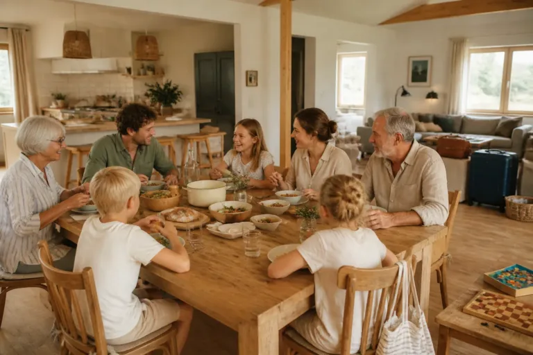 drie generaties rond een lange houten eettafel in een ruime vakantiewoning met open keuken