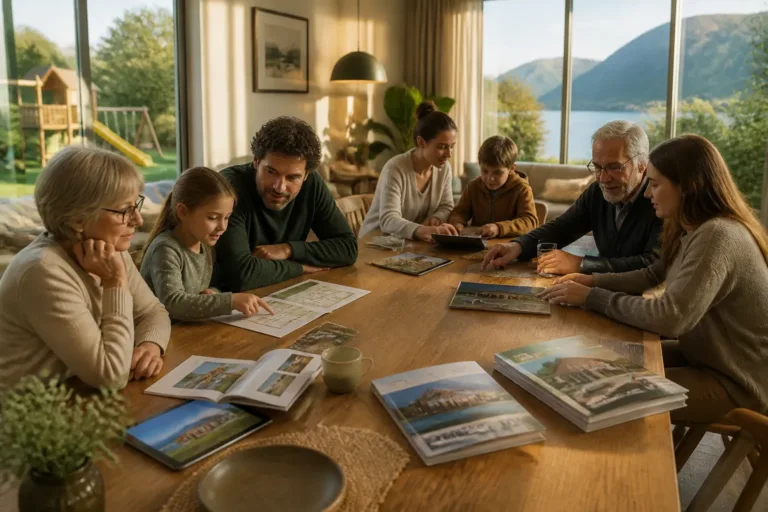 drie generaties vergelijken verschillende familievakantie huizen rond een lange houten eettafel