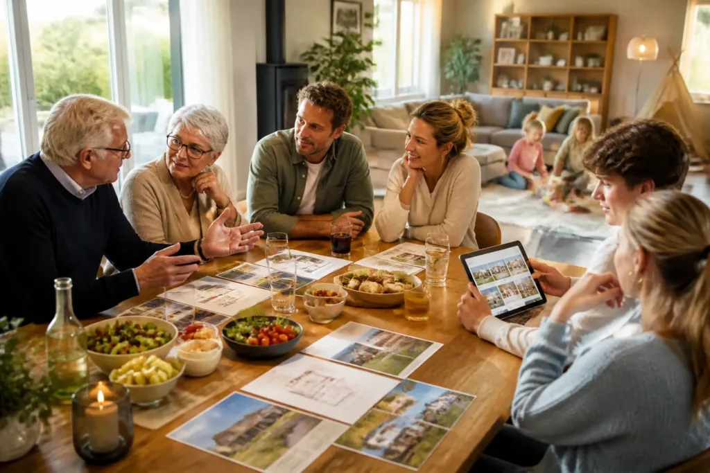 drie generaties rond een lange houten eettafel bekijken papieren met prijzen in een ruime woonkamer