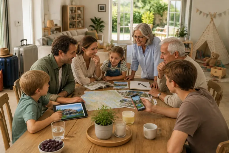 drie generaties rond een lange houten eettafel plannen samen een familievakantie in een ruime woonkamer