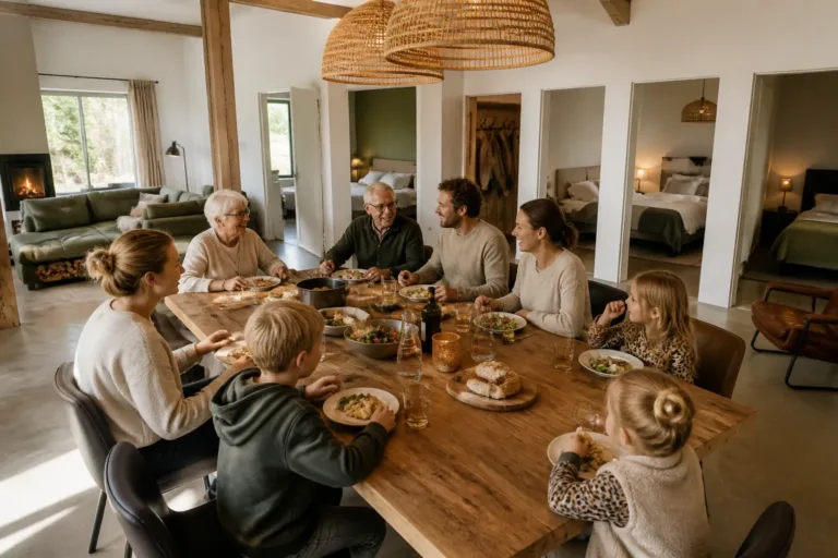 drie generaties familie rond grote houten eettafel in ruime vakantiewoning met zicht op zithoek en slaapkamers