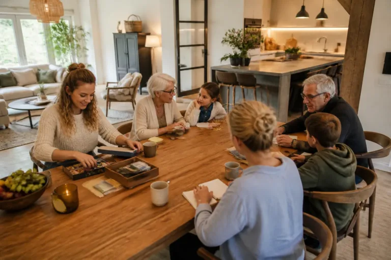 drie generaties rond een grote houten eettafel bereiden samen een familieweekend voor