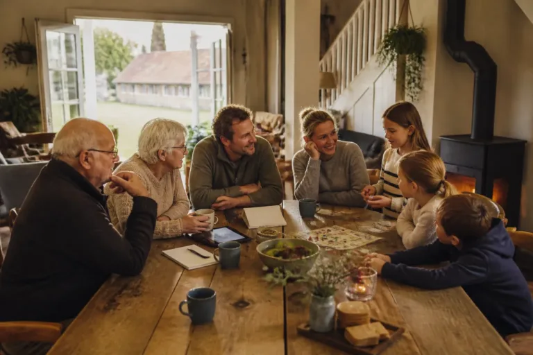 drie generaties rond een grote houten tafel in een groepsaccommodatie terwijl ze een familieweekend plannen