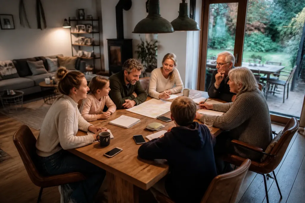 drie generaties rond een grote houten eettafel met agenda’s en notities om een familieweekend te plannen