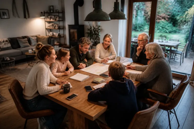drie generaties rond een grote houten eettafel met agenda’s en notities om een familieweekend te plannen