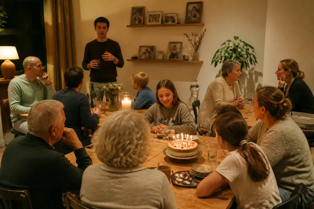 drie generaties rond een grote houten tafel met verjaardagstaart, speech en rustig gesprek in de woonkamer