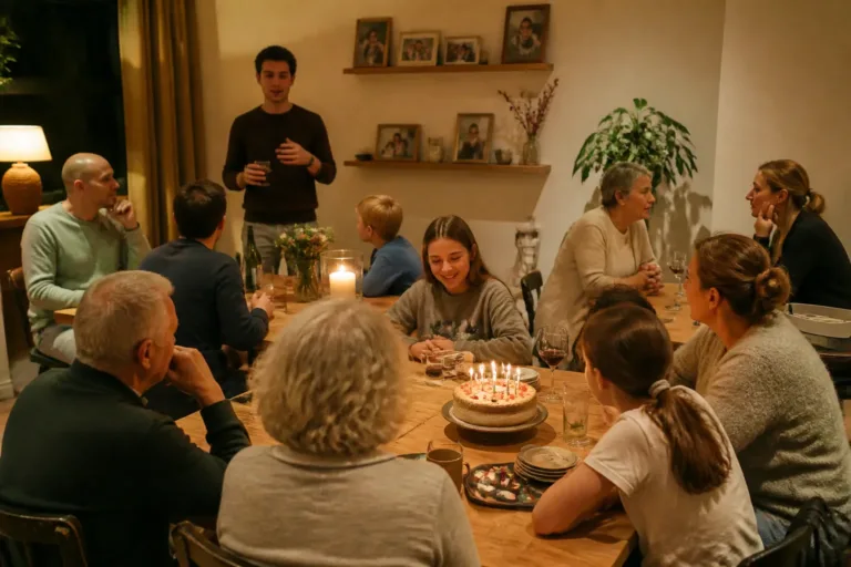 drie generaties rond een grote houten tafel met verjaardagstaart, speech en rustig gesprek in de woonkamer