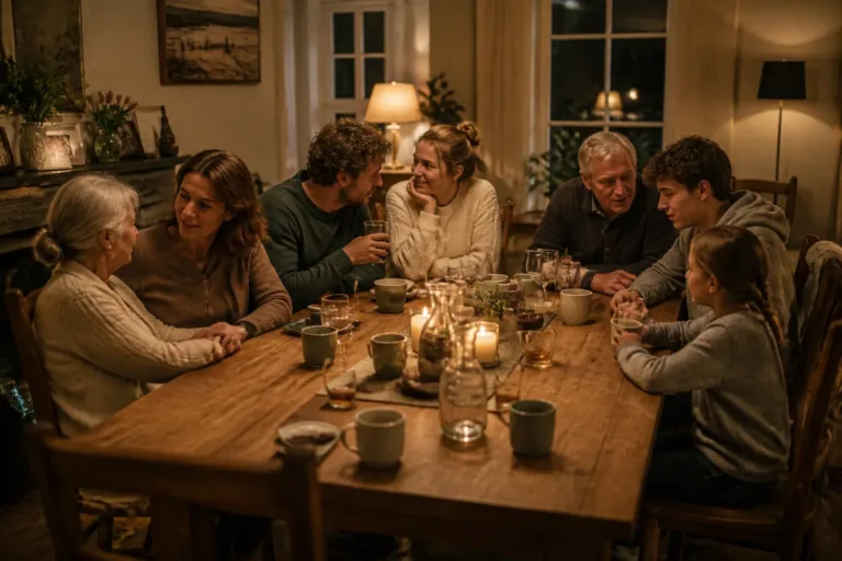 drie generaties rond een grote houten eettafel die in kleine groepjes rustig napraten