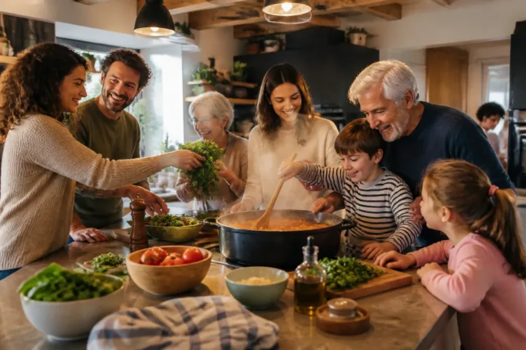familie van meerdere generaties kookt samen rond een grote dampende pan op het keukeneiland