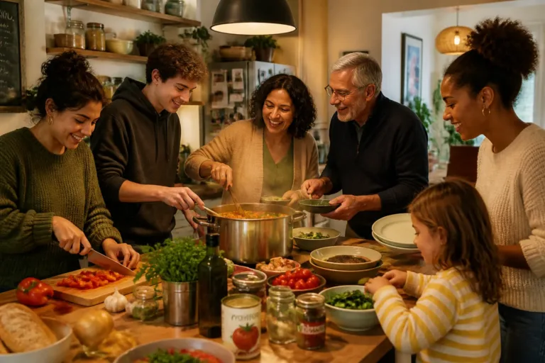 groep mensen die samen rond een keukeneiland kookt met een grote dampende pan in een gedeelde familiekeuken