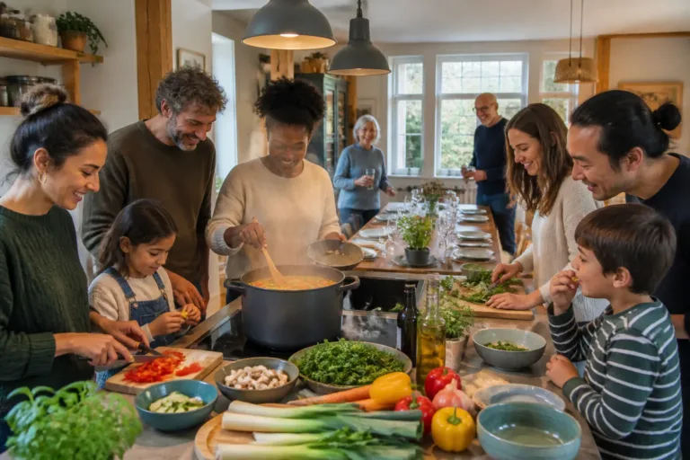 groep mensen kookt samen rond grote dampende pan op keukeneiland in gedeelde familiekeuken