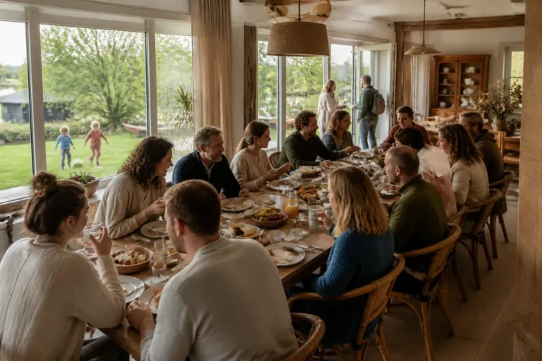 lange houten eettafel met groep gasten aan het ontbijt en uitzicht op groene privétuin