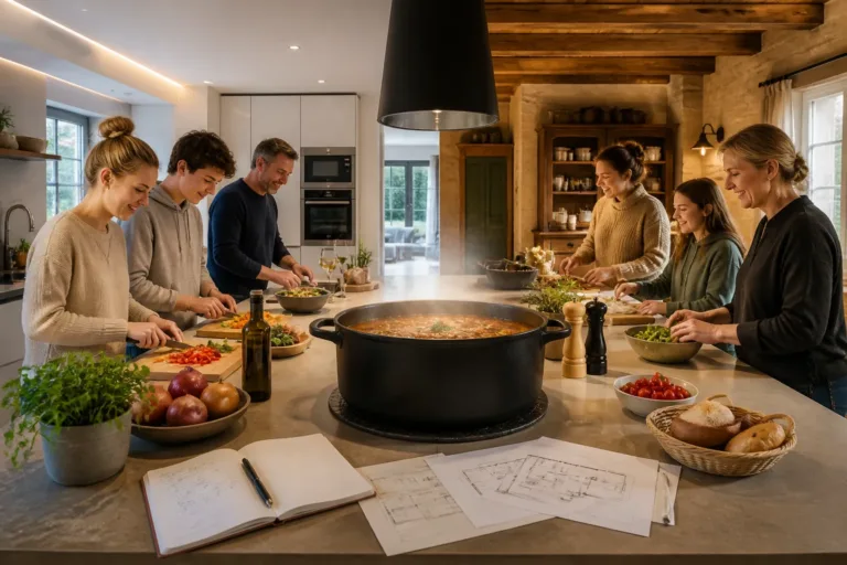 groep mensen kookt rond keukeneiland met grote dampende pan in twee verschillende stijlen groepskeuken