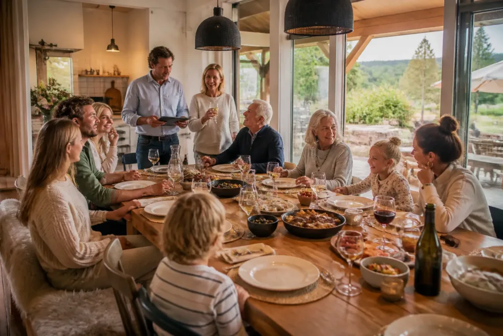 drie generaties rond een lange houten eettafel in een ruime leefkeuken van een vakantiehuis