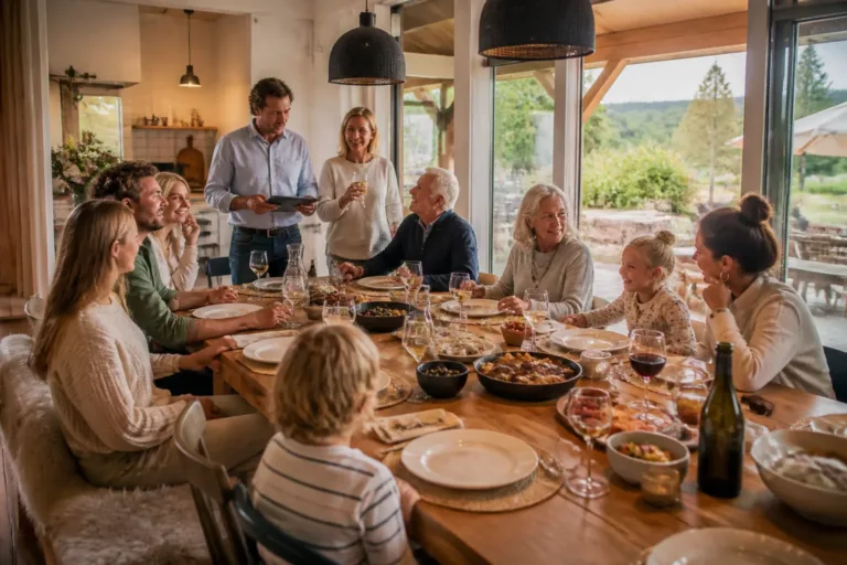 drie generaties rond een lange houten eettafel in een ruime leefkeuken van een vakantiehuis