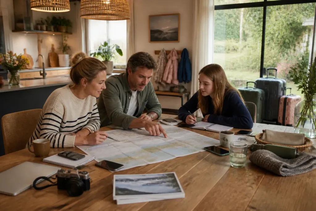 lange houten eettafel in leefkeuken met familieleden die samen een groepsvakantie plannen
