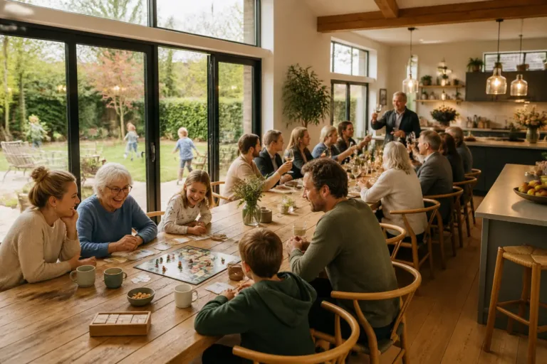 drie generaties rond een lange houten eettafel in een ruime leefkeuken tijdens verschillende bijeenkomsten