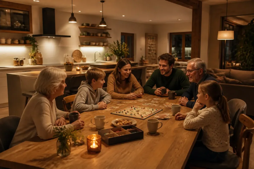 drie generaties rond een lange houten eettafel in een ruime leefkeuken in de avond