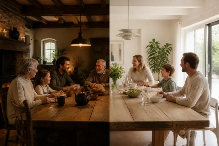 drie generaties familie aan een grote houten eettafel in twee verschillende stijlen woonruimte