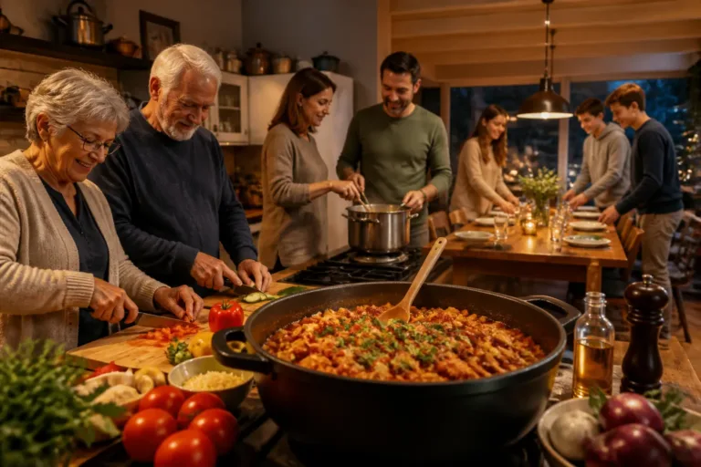 drie generaties bereiden samen een maaltijd in een grote groepskeuken met lange eettafel