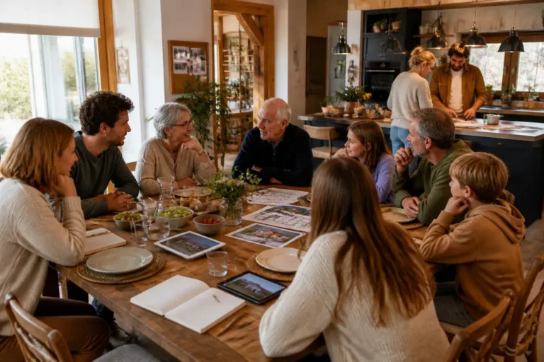 drie generaties rond een lange houten eettafel in een ruime leefkeuken met plattegronden van vakantiehuizen op tafel