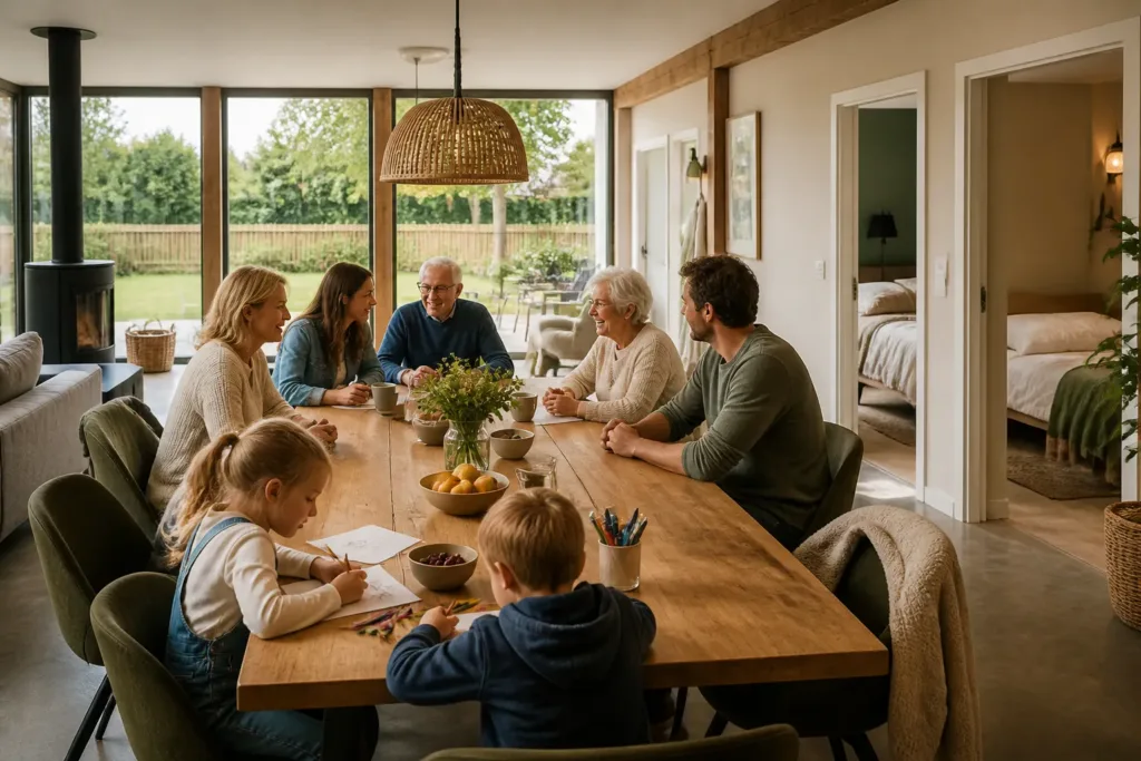 drie generaties rond een grote houten tafel in een vakantiehuis met zicht op omheinde tuin en gelijkvloerse slaapkamers