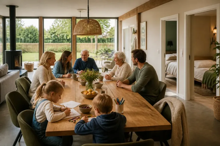 drie generaties rond een grote houten tafel in een vakantiehuis met zicht op omheinde tuin en gelijkvloerse slaapkamers