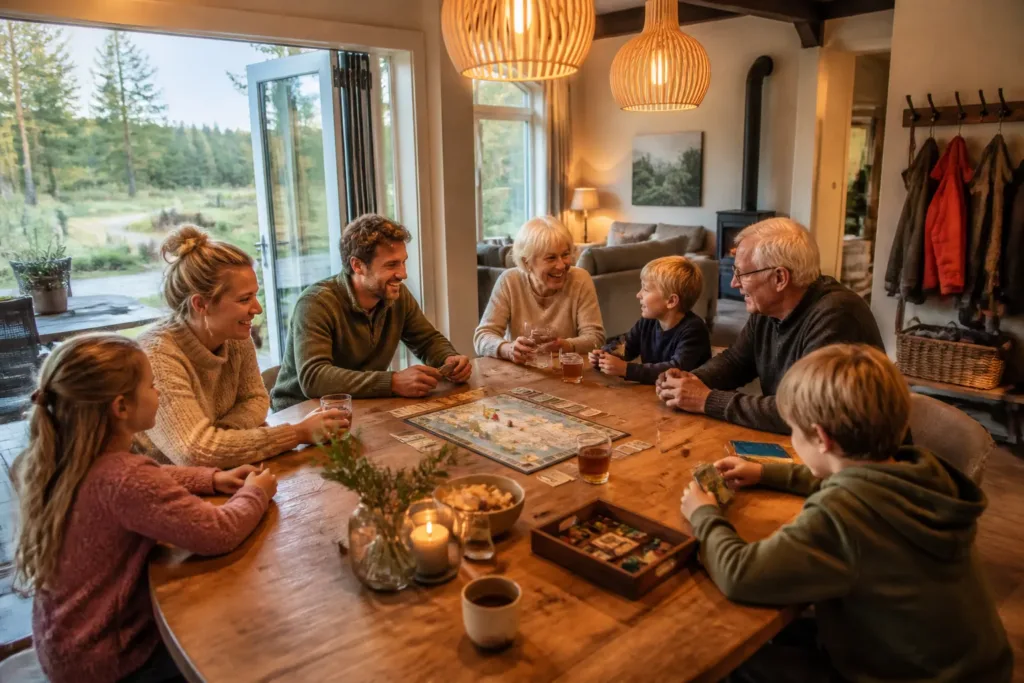 drie generaties rond een grote houten eettafel in een vakantiehuis met uitzicht op groen