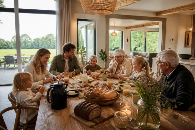 drie generaties zitten aan een lange houten eettafel in een lichte leefkeuken met uitzicht op groen