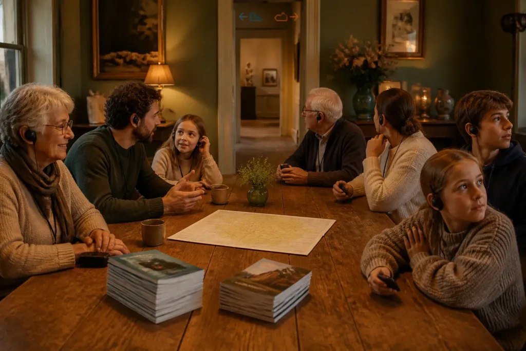 drie generaties rond een grote houten eettafel met routekaart en audiogidsen in een huiselijke woonkamer