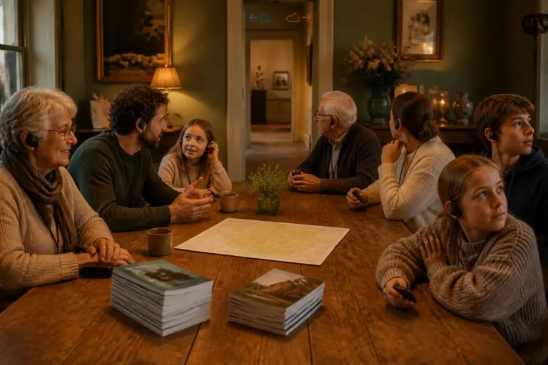 drie generaties rond een grote houten eettafel met routekaart en audiogidsen in een huiselijke woonkamer