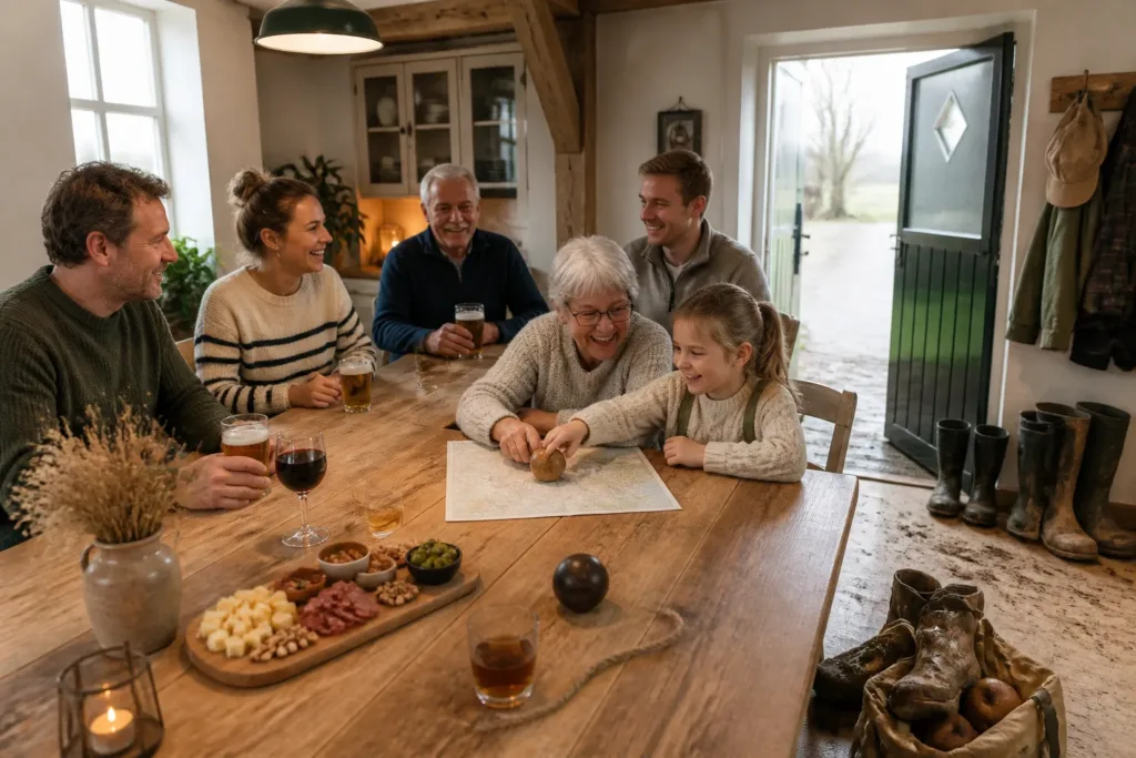 Drie generaties familie rond een grote houten eettafel met klootschietballen en laarzen na een uitje in Willemsoord