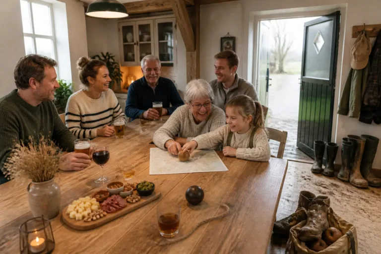 Drie generaties familie rond een grote houten eettafel met klootschietballen en laarzen na een uitje in Willemsoord