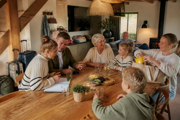 drie generaties rond een grote houten eettafel in een vakantiehuis met koffers en bordspellen om hen heen